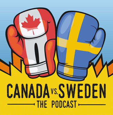 Canada versus Sweden podcast logo: two boxing gloves, 1 Canadian flag design, 1 Swedish flag design