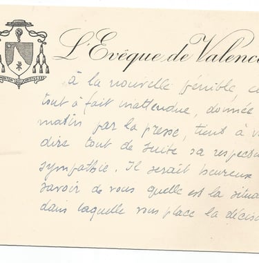 courrier de l'eveque de valence camille pic à marcel lanquetin prefet revoqué 18 sept 1940