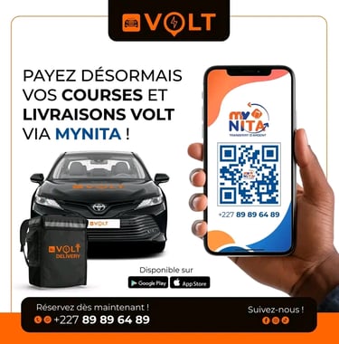 Publicité de VOLT, service de mobilité à Niamey. Tableau de tarifs pour 3 offres (RÉGULAR, CONFORT,