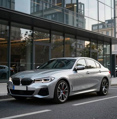 A sleek silver BMW parked in front of a modern glass building in Paris, professional automotive photography, sharp details, luxury lifestyle.