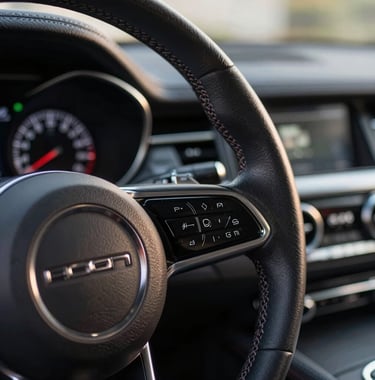 Macro photography of a high-end automobile interior, focusing on the refined leather stitching of the steering wheel and a high-tech dashboard interface, soft natural lighting, European luxury feel.