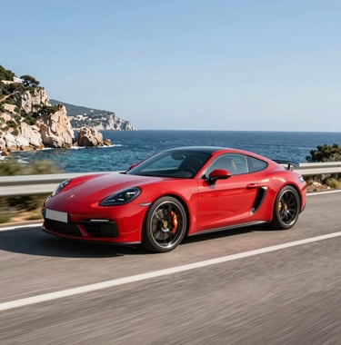 A sporty red car driving along a scenic French Riviera coastal road, dynamic panning shot, sunny day, premium luxury travel.