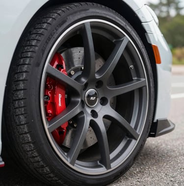 Close-up profile shot of a luxury sports car wheel, featuring red performance brake calipers and dark grey alloy rims, blurred road surface in the background, bright daylight.