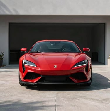 Front grill and logo of a red performance sports car parked in a minimalist modern driveway, clean lines, professional automotive lighting.