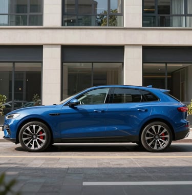 Side profile of a sleek blue luxury SUV parked in a modern urban European architectural setting, daylight, sharp reflections.