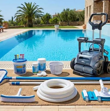 A collection of pool cleaning supplies and a robotic pool cleaner displayed by a luxury outdoor swim