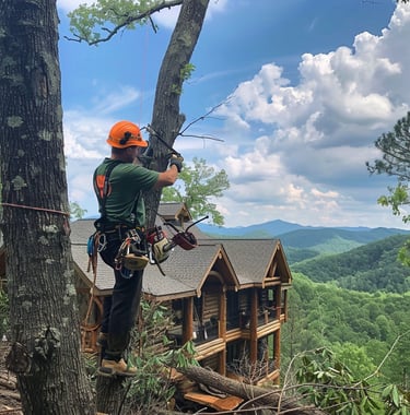Arborist in protective gear working on a tree