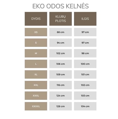 EKO odos kelnių dydžių lentelė
