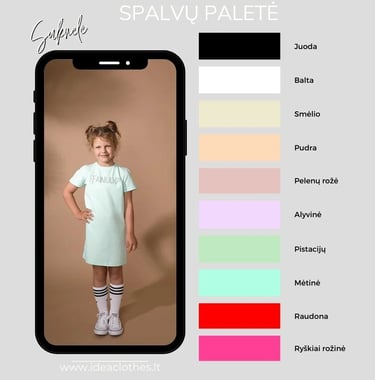 Mergaitė mėtinės spalvos trumpa suknele. Audinio spalvų paletė