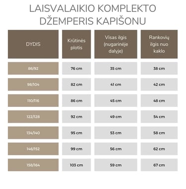 Laisvalaikio komplekto džemperio išmatavimai