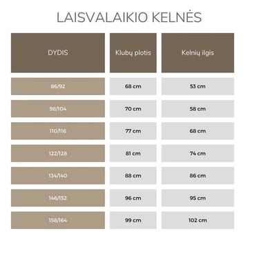 Klasikinio kirpimo laisvalaikio kelnių dydžių lentelė