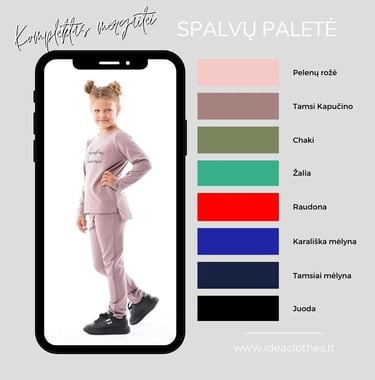 Mergaitė kapučino spalvos komplektu. Audinio spalvų paletė