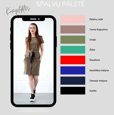 Moteris chaki spalvos komplektu. Audinio spalvų paletė