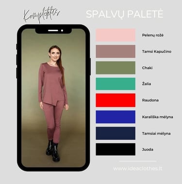 Moteris plytų spalvos kompletu (palaidinė ir kelnės). Pateikta audinio spalvų paletė.
