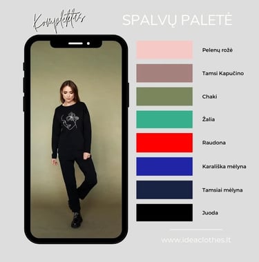 Moteris juodos spalvos kompletu (palaidinė ir kelnės). Pateikta audinio spalvų paletė.