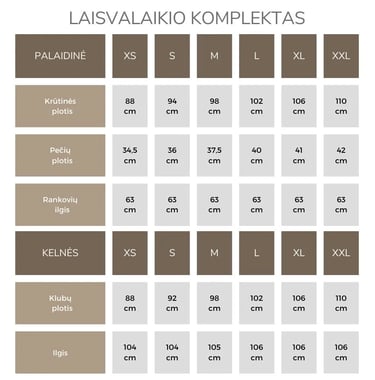 Laisvalaikio komplekto dydžių lentelė