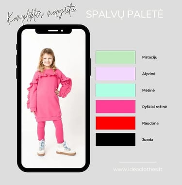Mergaitė ryškiai rožinės spalvos kompletu (tunika ir kelnės). Pateikta audinio spalvų paletė.