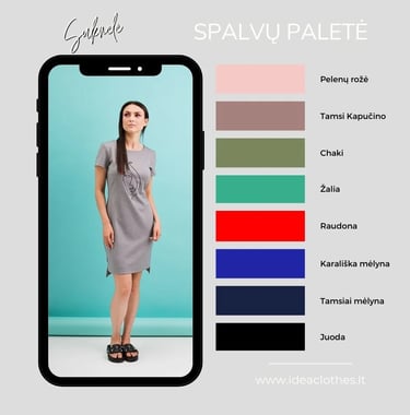 Moteris pilka suknele. Pateikta audinio spalvų paletė.