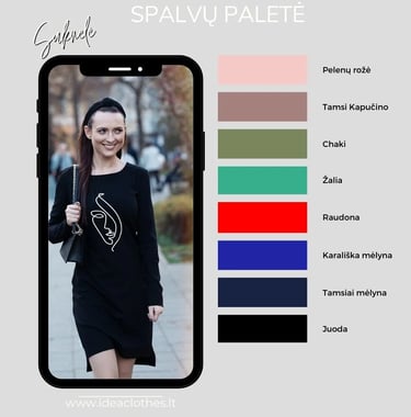 Moteris juoda suknele. Pateikta audinio spalvų paletė.