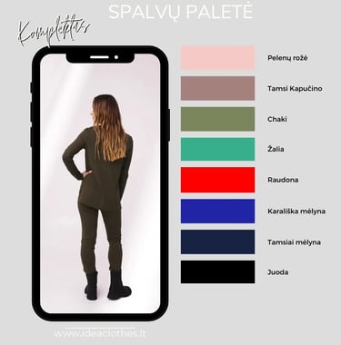 Moteris chaki spalvos kompletu (palaidinė ir kelnės). Pateikta audinio spalvų paletė