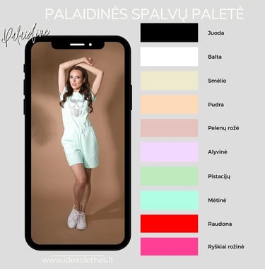 Moteris mėtinės spalvos komplektu (palaidinė ir šortai). Pateikta palaidinės spalvų paletė