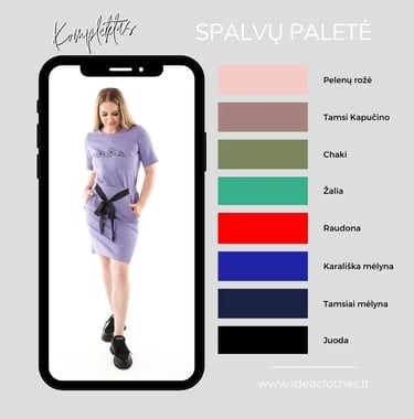 Moteris alyvinės spalvos komplektu (palaidinė ir sijonas). Pateikta audinio spalvų paletė
