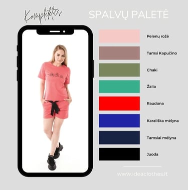 Moteris koralo spalvos kompletu (palaidinė ir šortai). Pateikta audinio spalvų paletė