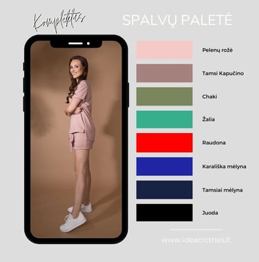 Moteris šviesiai pelenų rožės spalvos kompletu (palaidinė ir šortai). Pateikta audinio spalvų paletė.