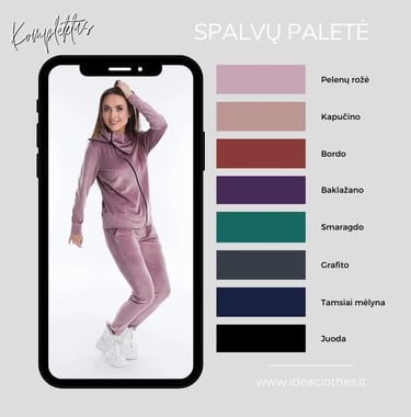 Moteris pelenų rožės spalvos kompletu (džemperis su užtrauktuku ir kelnės). Pateikta audinio spalvų paletė.