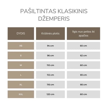 Laisvalaikio džemperio išmatavimai