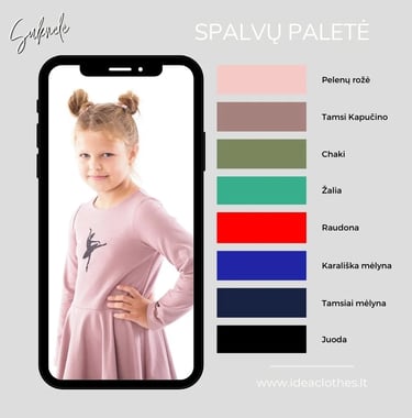 Mergaitė pelenų rožės spalvos suknele. Audinio spalvų paletė