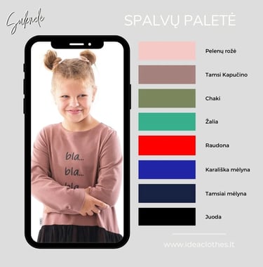 Mergaitė tamsiai kapučino spalvos suknele. Audinio spalvų paletė