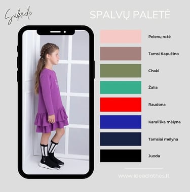 Mergaitė violetinės spalvos suknele. Audinio spalvų paletė