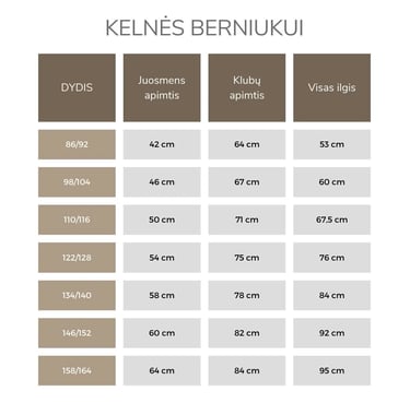 Mokyklinių kelnių dydžių lentelė