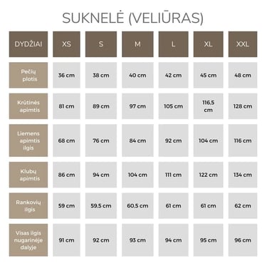 Veliūro suknelės išmatavimai