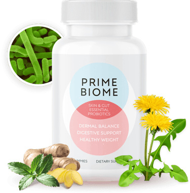 Prime Biome probiotic supplement bottle with ginger, mint, and dandelion for gut and skin health.