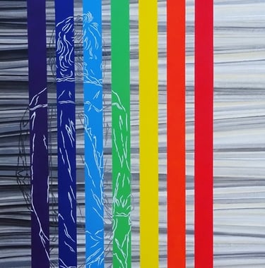 a man standing in front of a wall with a rainbow - colored background