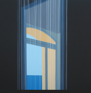 a painting of a window with a view of a beach