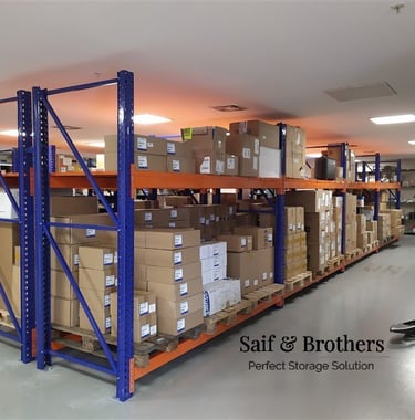 a warehouse style warehouse racking system with boxes of boxes