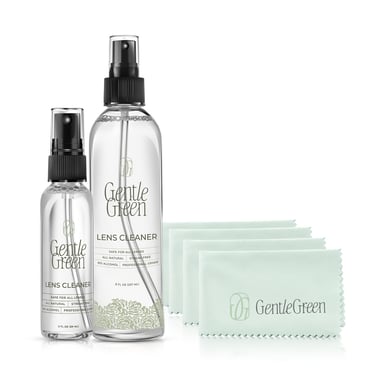 Gentle Green Lens cleaner kit with an 8oz bottle, 2oz bottle and 4 microfiber cloths 
