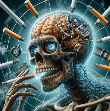 Crâne futuriste entouré de cigarettes, illustrant les dangers du tabac sur le cerveau et le corps