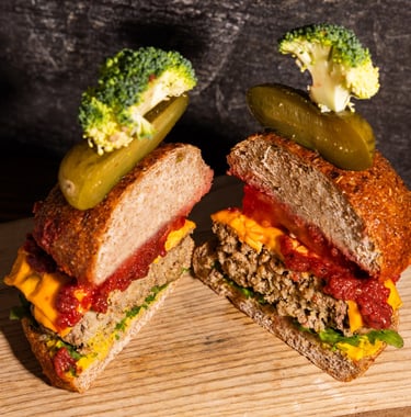 Sustainable plant-based, nutritionally-dense, hypoallergenic protein and fibre burgers