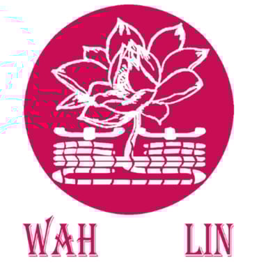 Pink circular logo for Wah Lin featuring a white line art lotus flower illustration.