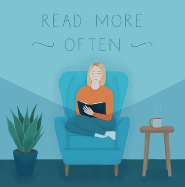 An illustration of a woman reading a book in an armchair with a cup of tea on a stool next to her.