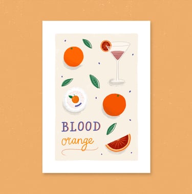 An A4 poster of blood oranges and a cocktail glass.
