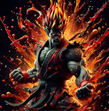 Akuma in a suit with a fire background