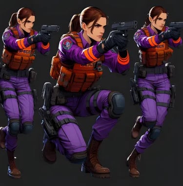 Blaze Fielding in purple uniform holding a gun