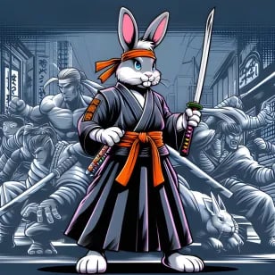 a rabbit in a samurai costume and katana