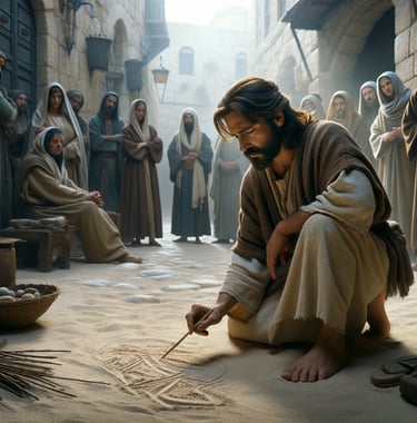 a man in a robe is kneeling down and holding a stick