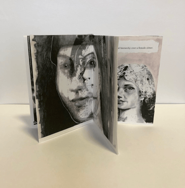 centre pages of a zine with portraits of a lady. muted pastel colours and black ink.